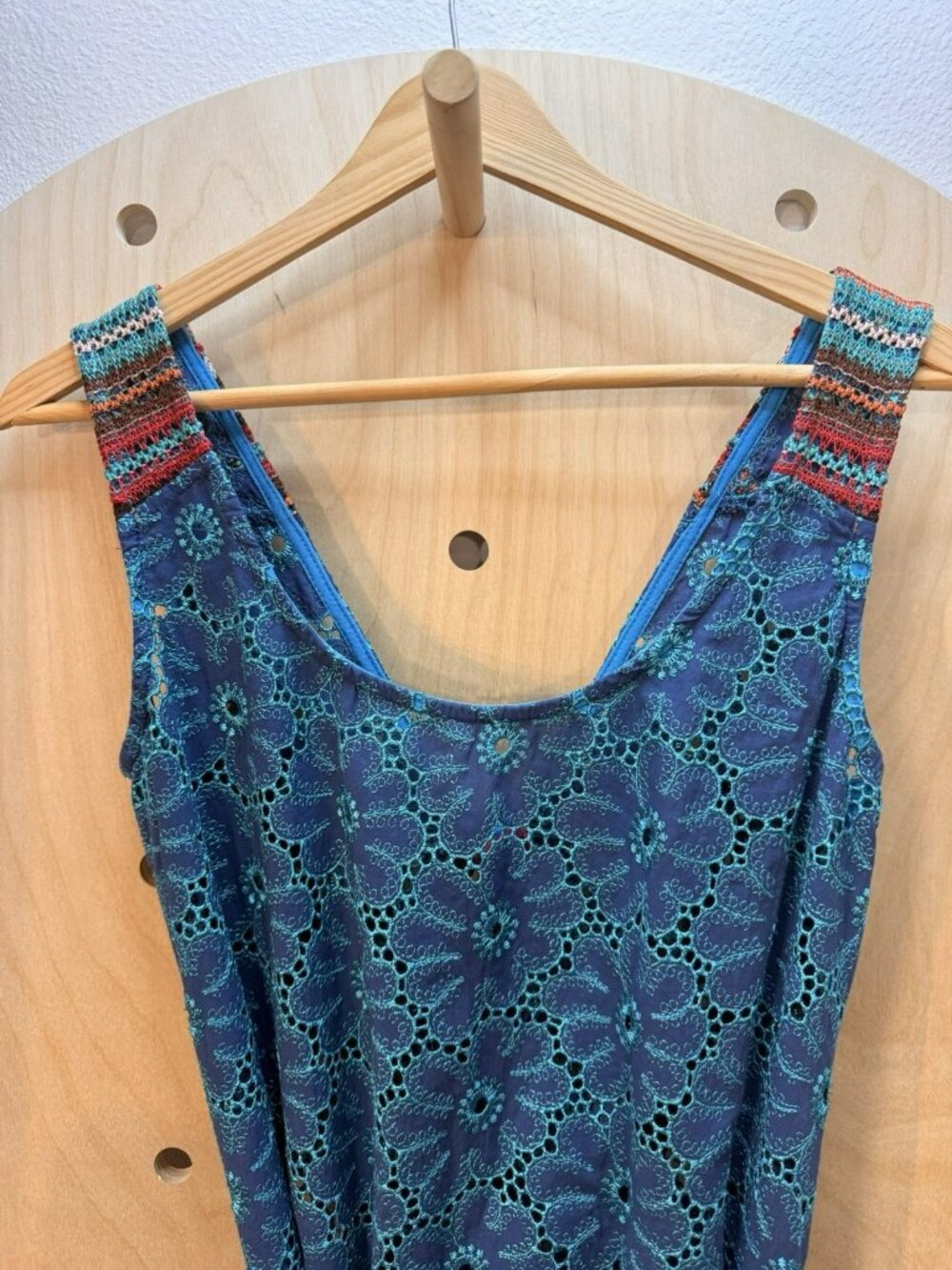 Save The Queen Italy Teal & Blue Eyelet Cotton Midi Dress Belted Boho Size M - Picture 6 of 16